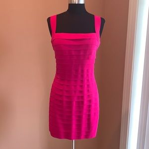 Sherri Hill hot pink stretch bandage mini dress with open back. Size 2
